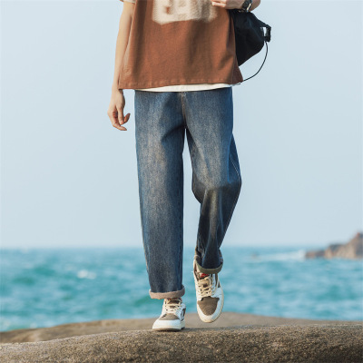 春季复古蓝宽松直筒阔腿裤男款卷边水洗百搭休闲男牛仔裤