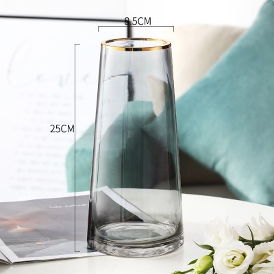 轻奢玻璃花瓶摆件纳丽雅现代简约客厅透明水培插花瓶北欧式餐桌装饰创意描金T型（25cm高）烟灰中等