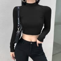 长袖T恤女秋季显瘦纯欲风高领内搭打底衫修身显瘦辣妹短款上衣潮