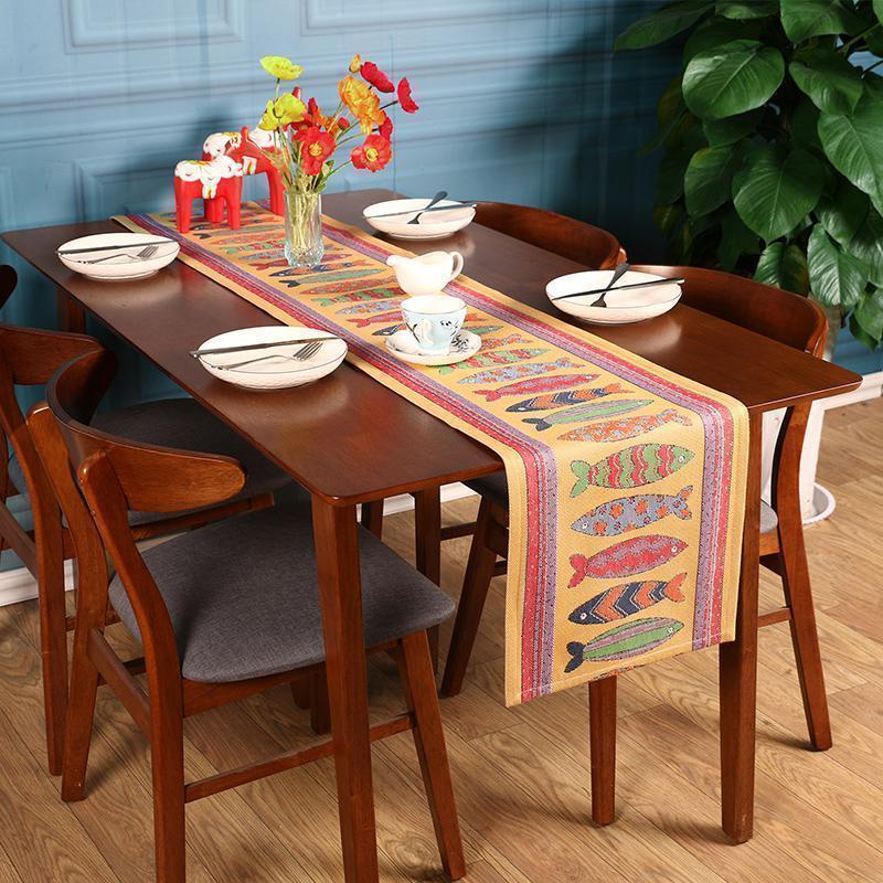 美帮汇桌旗北欧轻奢茶几电视柜欧式美式长条餐桌布艺吧台布 快乐的鱼 40*240cm(适合180-200电视柜)