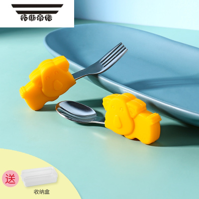 拓斯帝诺宝宝学吃饭勺子短柄婴儿童不锈钢把餐具卡通小宝宝辅食碗训练小狗直款黄色送收纳盒