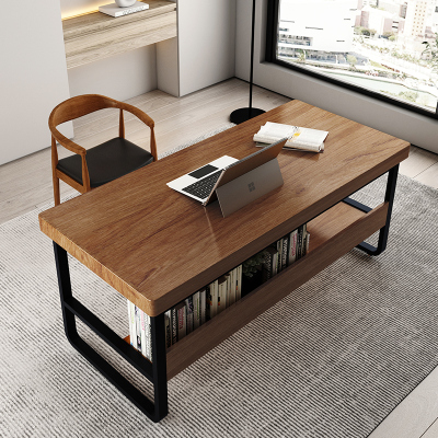 花千紫实木电脑桌台式家用大桌面书桌书架一体工作写字台原木loft办公