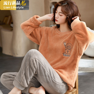 恋名媛珊瑚绒睡衣女士秋冬季长袖两件套加绒加厚法兰绒可外穿休闲家居服睡衣