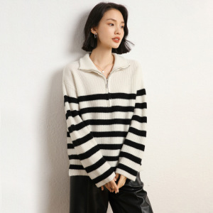 山羊绒衫女条纹毛衣女士法式复古翻领半拉链秋季慵懒风针织打底衫