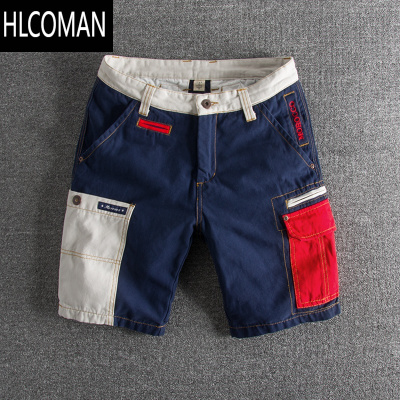 HLCOMAN夏季潮款个性撞色拼接水洗做旧修身男士工装短裤多袋裤休闲中裤