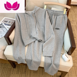 七斓灰色连帽长袖卫衣时尚套装女2023薄新款休闲宽松束脚裤套