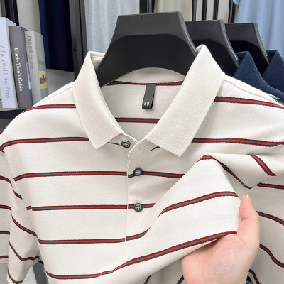春夏新款男士条纹短袖Polo衫轻商务休闲简约轻商务翻领新疆棉