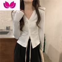 七斓春季新款交叉v领垫肩长袖T恤别致漂亮打底衫女高级感洋气上衣