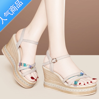 SUNTEK坡跟凉鞋女2023年仙女风松糕夏季外穿小众增高厚底高跟鞋