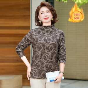 年妈妈装加绒保暖中老年内搭时尚女大码修身印花衣服加厚冬装