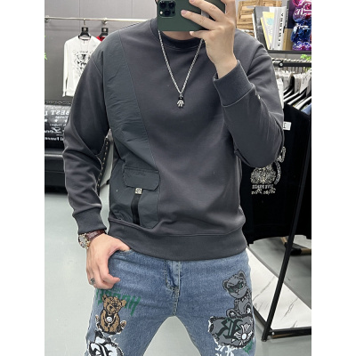 美式复古拼接圆领套头卫衣大口袋男装宽松版上衣打底衫秋冬季新款_1