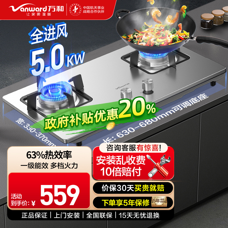 万和天然气燃气灶不锈钢面板 5.0KW火力嵌入台式两用灶具 双眼灶JZT-B7B53
