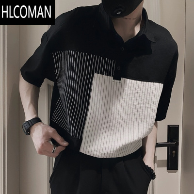 HLCOMAN复古撞色polo衫短袖男士痞帅条纹拼接T恤夏季时尚五分袖体恤衫潮