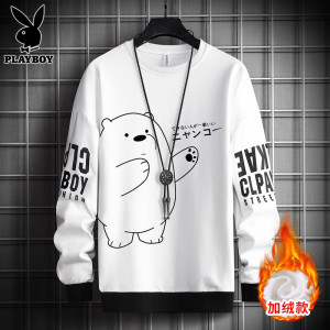 花花公子卫衣男士宽松小熊印花衣服秋冬季新款帅气加绒长袖t恤男
