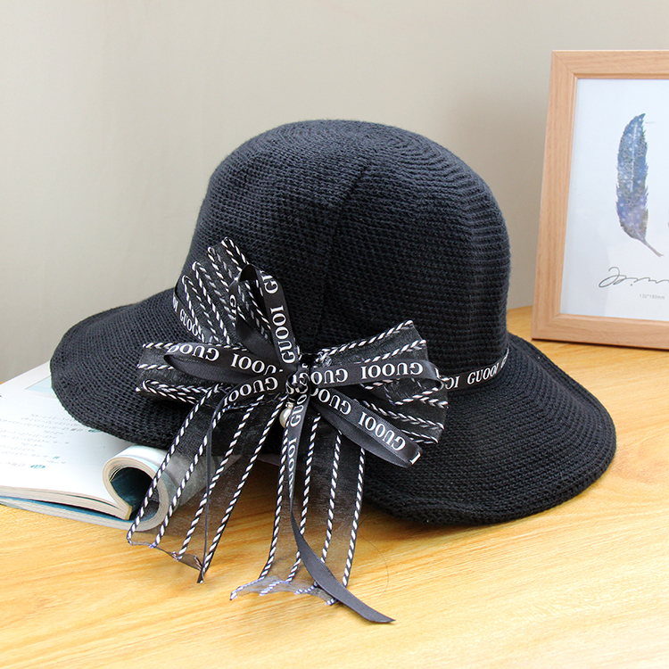 日系百搭甜美可爱可折叠针织渔夫帽女春夏韩版丝带蝴蝶结遮阳盆帽帽子