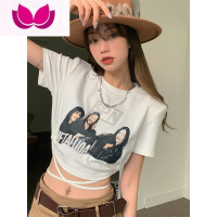 七斓美式印花流行短袖T恤设计感小众夏季修身抽绳绑带短款辣妹上衣女
