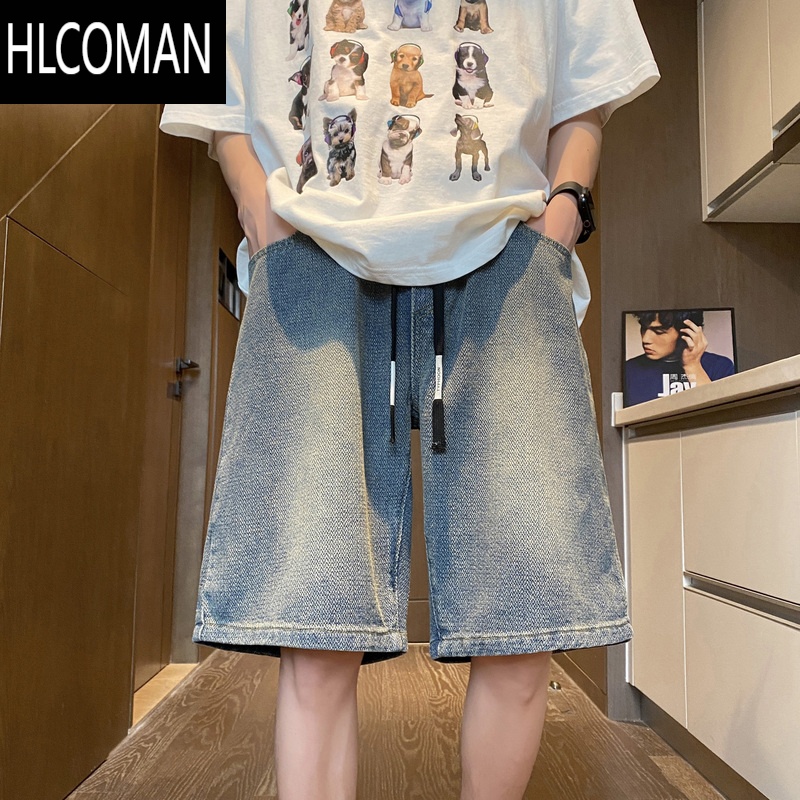 HLCOMAN星空纹牛仔短裤男夏季2025新款美式复古潮牌痞帅宽松直筒五分裤子