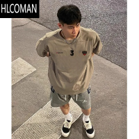 HLCOMAN夏季美式潮牌简约ins字母卡其色短袖T恤男款圆领上衣半袖