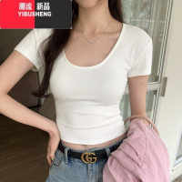 YIBUSHENGsuseyiku U领修身短款露腰短袖T恤女新款正肩显瘦百搭辣妹上衣