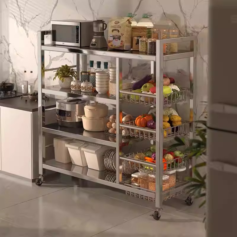 不锈钢小推车客厅厨房置物架微波炉蔬菜收纳架一体多层零食摆放架