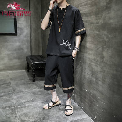 传奇保罗（CHUANQIBAOLUO）中国风棉麻套装男青年夏季五分袖T恤大码仙鹤刺绣七分裤休闲两件套