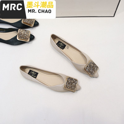 2020新款春季搭扣瓢鞋水钻方扣水晶鞋气质百搭浅口尖头平底单鞋女墨斗潮品休闲鞋
