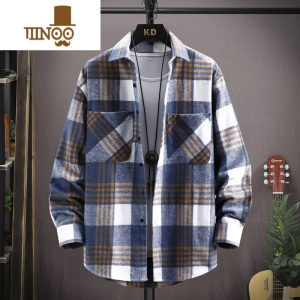 YANXU青少年磨毛加厚保暖格子衬衫男工装长袖潮牌宽松学生衬衣休闲外套