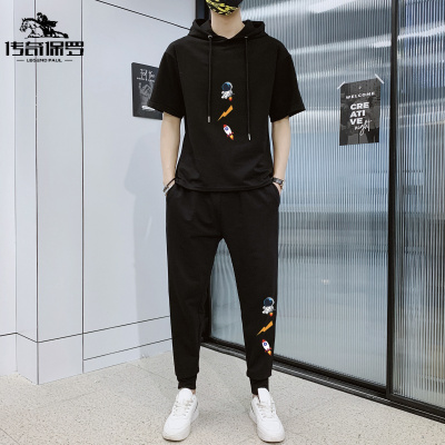 传奇保罗（CHUANQIBAOLUO）2021夏季潮流新款初中高中学生短袖T恤男孩套装印花百搭体恤长裤连帽