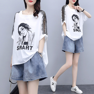 卡恋洛2021夏季韩版宽松时尚套装女休闲牛仔短裤T恤洋气两件套