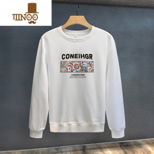 YANXU2023新款潮牌卫衣男圆领宽松设计感印花套头毛圈棉男士长袖