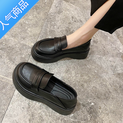 SUNTEK高品质厚底增高乐福鞋女一脚蹬软皮单鞋2023春秋小皮鞋上班鞋