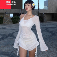 YIBUSHENGgusty韩系纯欲温柔风斜肩针织连衣裙性感辣妹长袖透视绑带包臀裙