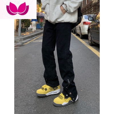 七斓美式街头休闲潮牌拉链排扣牛仔裤男女款高街vibe修身显高百搭长裤