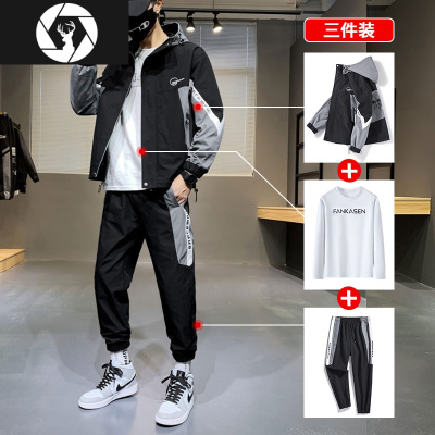 HongZun三件套-休闲套装男士秋冬季加绒加厚痞帅一套搭配帅气运动外套潮其他套装