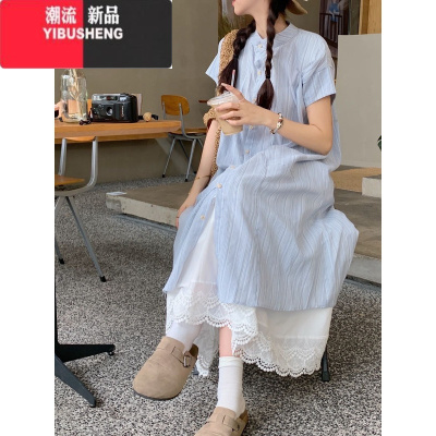 YIBUSHENG蓝色条纹短袖衬衫连衣裙女季2024新款韩系宽松中长款叠穿A字裙