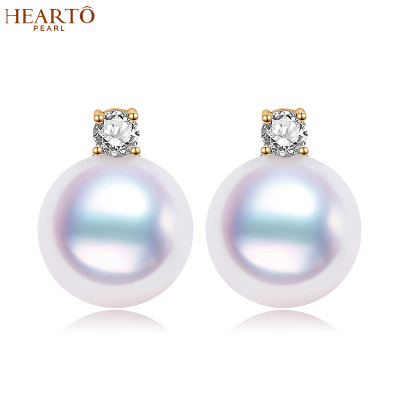 钻石奢享-海瞳18K金镶钻石王妃珍珠耳钉女日本海水精致秀气小灯泡珍珠耳饰耳环正圆珠宝送女友老婆珍珠首饰