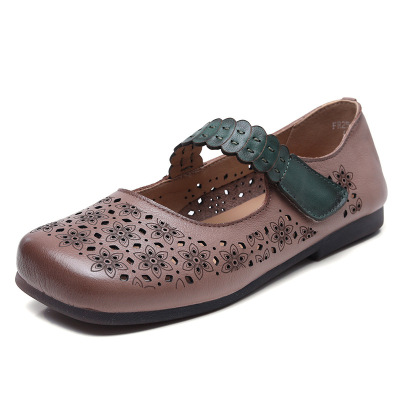 头层牛皮复古平底镂空凉鞋女2025夏季新款休闲舒适软底妈妈鞋