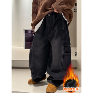 男童秋冬款裤子加绒加厚新款初中生冬季一体绒儿童工装牛仔裤