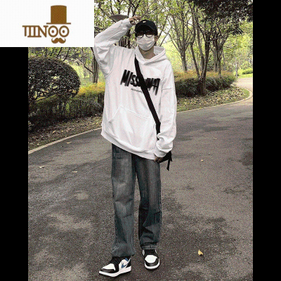 YANXU美式复古连帽白色薄款卫衣男生2023新款潮牌宽松上衣外套