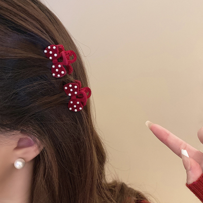2025新款红色蝴蝶结植绒抓夹公主头珍珠小抓夹发饰前额侧边刘海夹送女朋友老婆情人节七夕生日礼物
