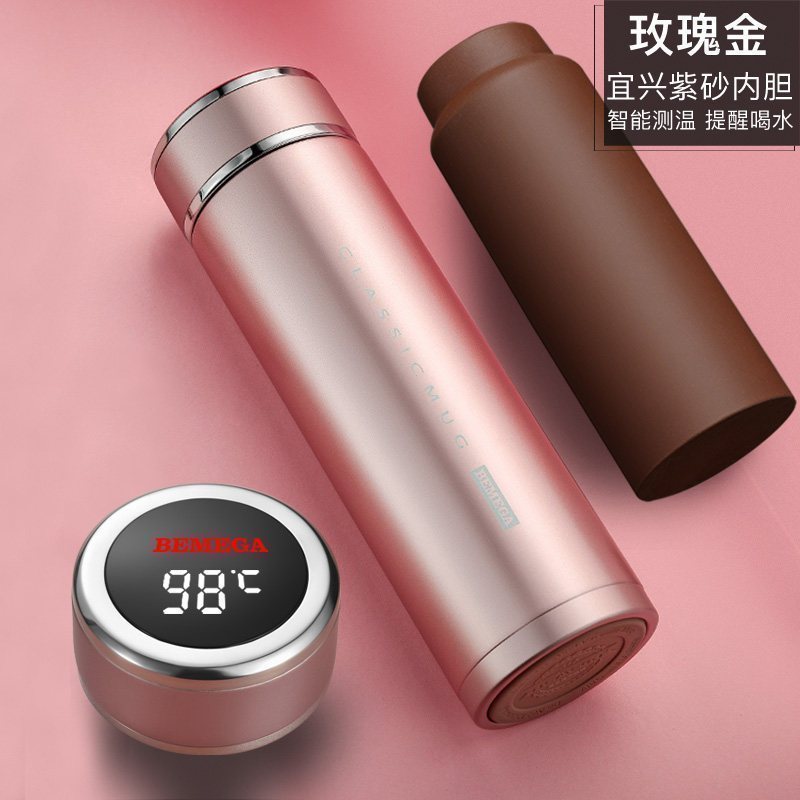 美帮汇紫砂内胆保温杯紫砂杯泡茶杯男士女定制水杯子 玫瑰金(全钢杯盖智能测温提醒喝水)