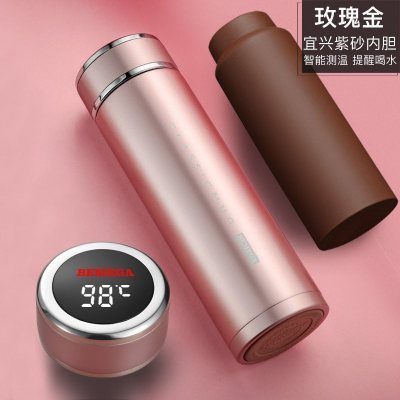 美帮汇紫砂内胆保温杯紫砂杯泡茶杯男士女定制水杯子 玫瑰金(全钢杯盖智能测温提醒喝水)