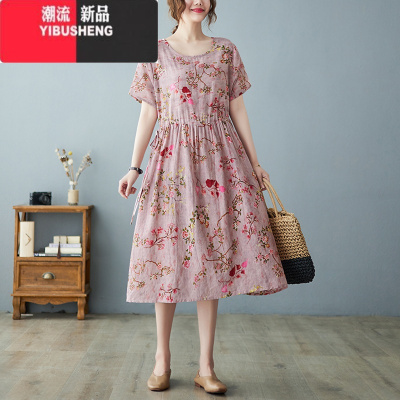 YIBUSHENG季文艺大码棉绸连衣裙女中长款印花沙滩裙棉麻短袖圆领宽松显瘦