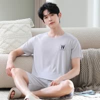 夏季男士新款冰丝睡衣薄款短袖短裤套装青少年休闲简约家居服大码