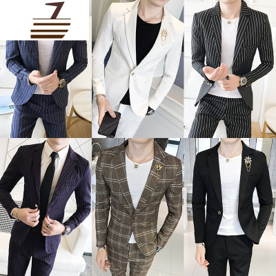 NEWLAKE条纹格子西服套装男修身韩版潮流帅气型师小西装潮男夜场两件套