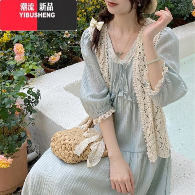 YIBUSHENG波西米亚针织镂空马甲开衫配长裙子套装大码茶歇法式连衣裙女季