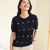 针织短袖2026夏季新款女士圆领菱形格上衣五角星T恤棉大码