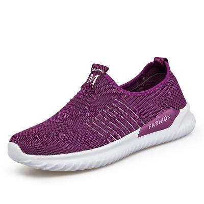 春夏飞织面透气老人鞋女一脚蹬懒人鞋轻便防滑MD软底套脚