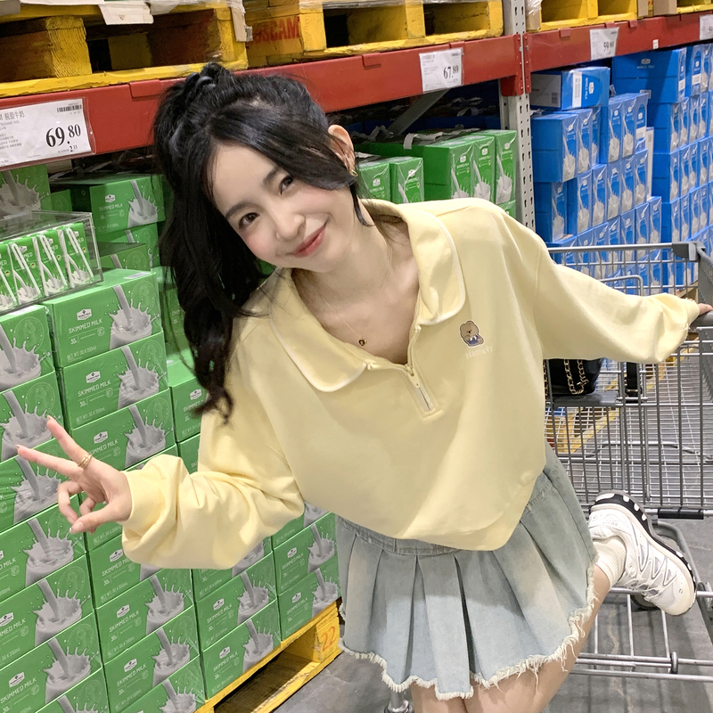 [1.5折价57元]唐狮春秋polo衫女设计感翻领长袖卫衣短款小个子减龄上衣潮流