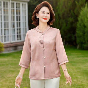 新中式妈妈装大码宽松上衣时尚缎面中老年女装休闲开衫夏装衣服女